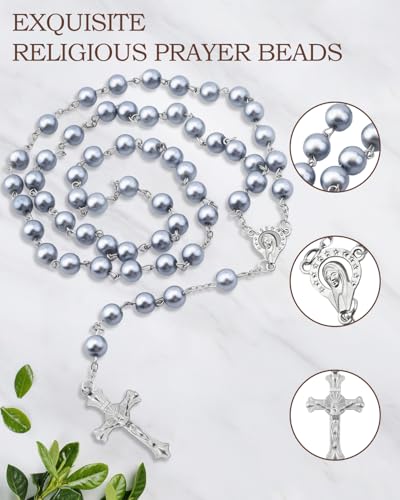 Rosary Beads for Women - Catholic Rosary Beads with Cross, Pink Crystal Rosary Necklace with Velvet Pouch, Religious Gifts for Women - color: Silvery gray