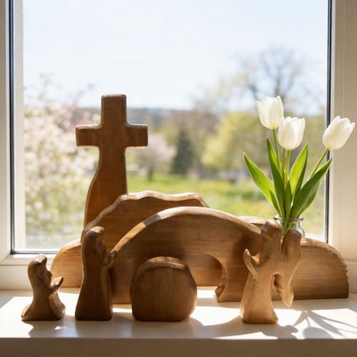 DZX The Empty Tomb Easter Scene and Cross, Wooden Easter Resurrection Scene Cross Jesus Tomb Tray Set, Jesus Nativity Scene Decor for Religious,Christian Gifts,Home Office Tabletop. (A)