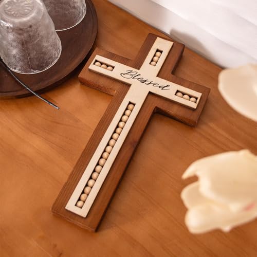 BONNY DODO Christian Wood Cross Wall Decor - Retro Blessed Rustic Wooden Wall Hanging Art, Home Sculpture with wood beads Home Decer (Wooden bead style)