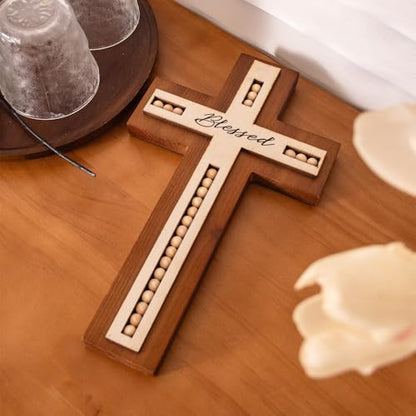 BONNY DODO Christian Wood Cross Wall Decor - Retro Blessed Rustic Wooden Wall Hanging Art, Home Sculpture with wood beads Home Decer (Wooden bead style)