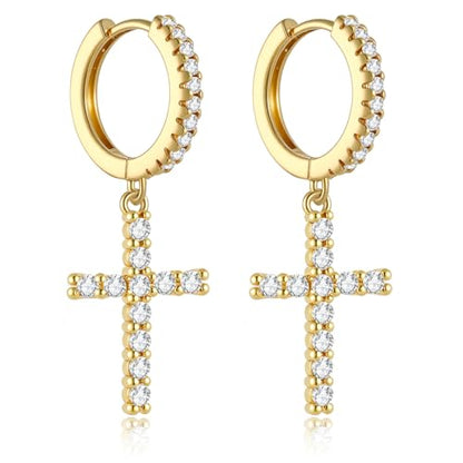 14K Gold Plated Cross Earrings for Women Men, CZ Cross Dangle Earrings Hypoallergenic Jewelry Gift - color: Gold