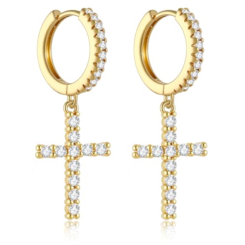 14K Gold Plated Cross Earrings for Women Men, CZ Cross Dangle Earrings Hypoallergenic Jewelry Gift - color: Gold