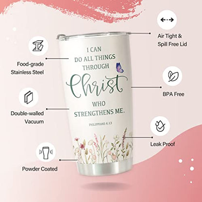 Christian Gifts for Women - I Can Do All Things Through Christ Coffee Travel Mug - Catholic Faith Jesus God Bible Verse Religious Gifts Stainless Steel Tumbler 20oz - color: I Can Do All Things
