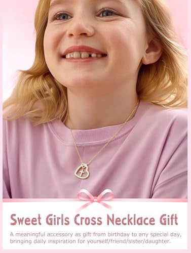 S925 Sterling Silver Cross Necklace for Girls, Baptism First Communion Confirmation Gifts, Pearl Heart Pendant Necklaces, Back to School Graduation Easter Birthday Faith Gift Age: Over 8 Years Old - style: Heart Clear CZ
