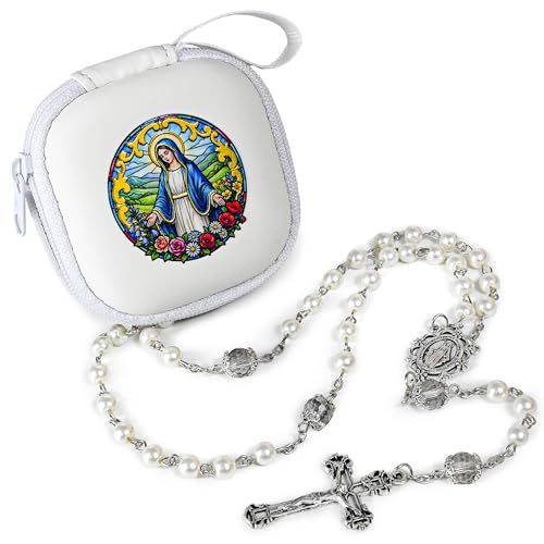 Handmade Rosary Beads for Women, Elegant Catholic Gifts for First Communion, Confirmation & Spiritual Prayer, Unique Beaded Rosary Necklace with Zippered Case - color: White - Our Lady Virgin Mary