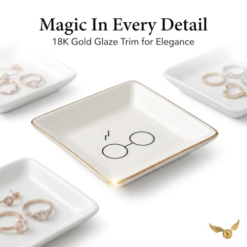 Simply Charmed Porcelain Jewelry Ring Holder Tray – Harry Potter Gift, Porcelain Trinket Dish, 4"x4" White with Golden Glaze, Jewelry Organizer - style: Wizard