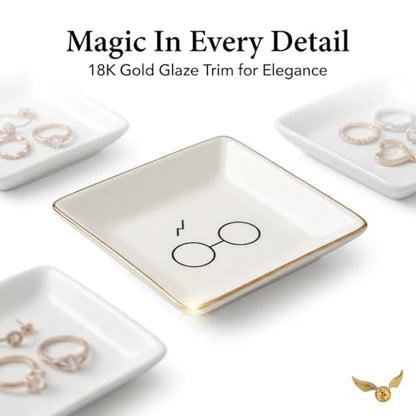 Simply Charmed Porcelain Jewelry Ring Holder Tray – Harry Potter Gift, Porcelain Trinket Dish, 4"x4" White with Golden Glaze, Jewelry Organizer - style: Wizard