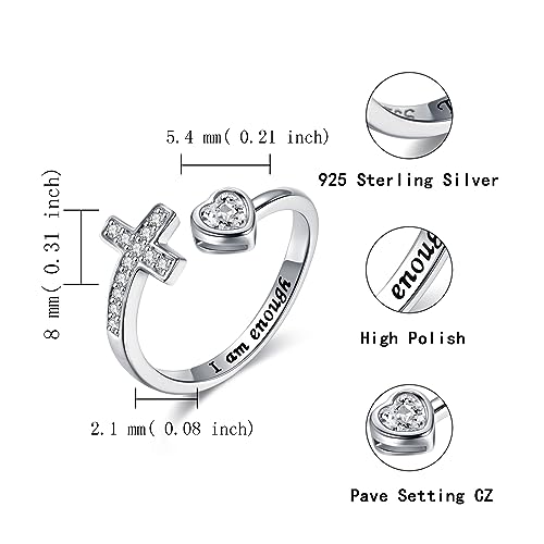 APOTIE 925 Sterling Silver Cross Ring - True Love Wait Purity Ring Cubic Zirconia Adjustable Ring Jewelry Gift for Women - style: I am enough