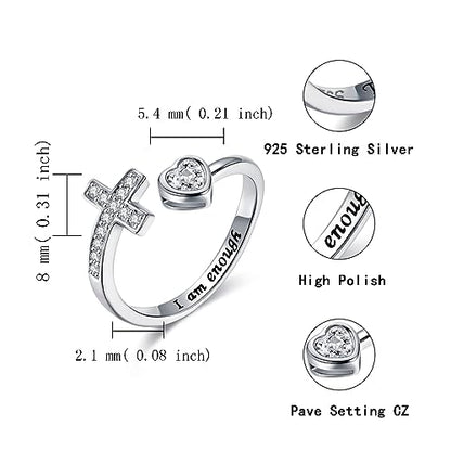 APOTIE 925 Sterling Silver Cross Ring - True Love Wait Purity Ring Cubic Zirconia Adjustable Ring Jewelry Gift for Women - style: I am enough