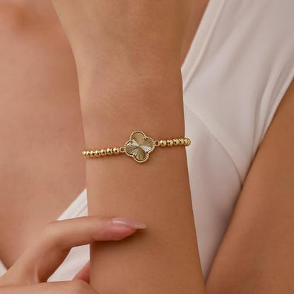 GINAZAL Gold Bead Bracelet for Women, Hypoallergenic Fade-Resistant | Brass | 14K Gold |Cubic Zirconia - color: Clover