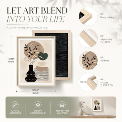HOURIA Mid Century Modern Black Vase Framed Canvas Wall Art Set- 12"x16"x3 - color: Boho Vase Botanical Wall Art, size: 12"L x 16"W