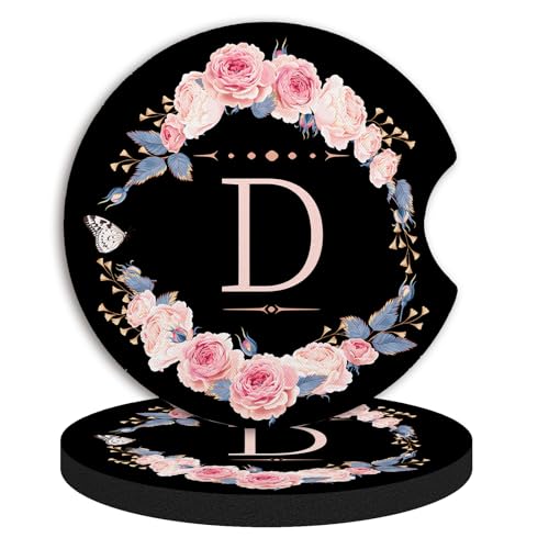 2pcs Letter D Car Coasters,Absorbent Universal neoprener Cup Holder Coasters with a Finger Notch,Car Accessories for Women&Man Interior，2.75" - color: D