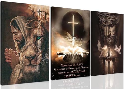 Fantasy Artists 3Pcs Jesus Wall Art, Christian Wall Decor for Biblical Room, Unframed Canvas Painting Prints, Religious Art Posters for Church Living Room Bathroom, 12" X 16" - color: Triptych Jesus1, size: 16"L x 12"W