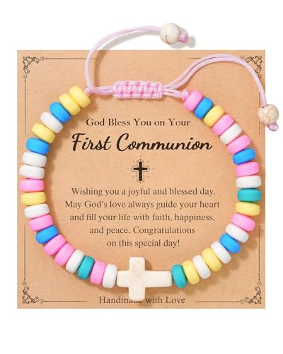 HGDEER Easter Basket Stuffers for Kids, Adjustable Cross Bracelet, Christian Religious Easter Communion Baptism Gifts Jewelry - color: Communion