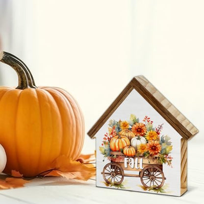 Fall Sign Decor, Pumpkin Harvest House Shaped Wood Block Sign - color: Fall-1