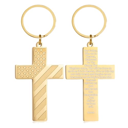 DuoDiner Cross Keychain for Men American Flag Bible Verse Christian Gifts - color: Gold, style: Lord's Prayer