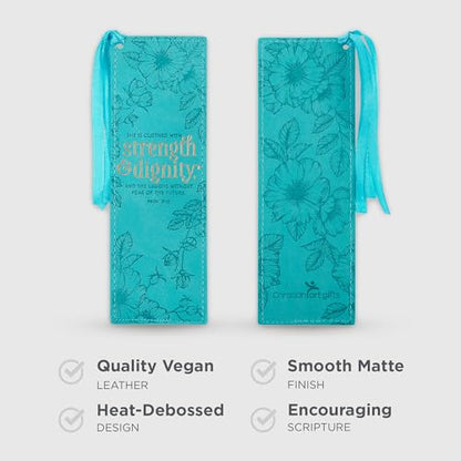 Christian Art Gifts Faux Leather Scripture Bookmark: Strength and Dignity - color: Teal - Strength/Dignity