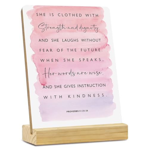 MUBIAO Inspirational Bible Verse Rustic Wooden Plaque with Stand, Proverbs 31:25-26, 4x5 Inches, Wood Material - color: Multicolor459