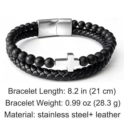 Kim Carrey Italian Handmade Leather Bracelets for Men - color: Silver Cross, size: 8.2"