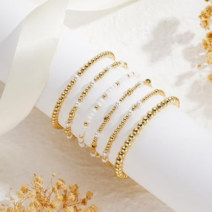 Turandoss 5PCS Gold Beaded Bracelets for Women Teen Girls, 14K Gold Plated - color: 6PCS White Seed Beaded Bracelets