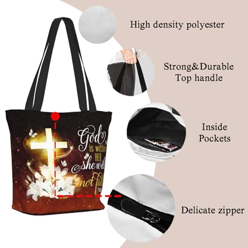 Women's Canvas Tote Bag with Zipper, Large Capacity Shoulder Bag for Work, Travel & Daily Use, Gifts for Mom - color: God is Within Her She Will Not Fall