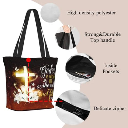 Women's Canvas Tote Bag with Zipper, Large Capacity Shoulder Bag for Work, Travel & Daily Use, Gifts for Mom - color: God is Within Her She Will Not Fall