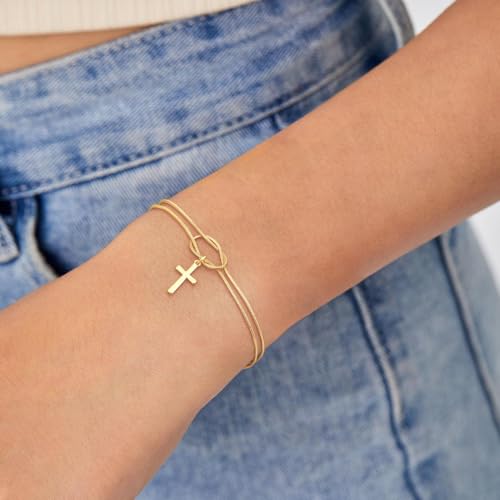 NECOCY Cross Bracelet for Women, 14K Gold/Silver Plated Dainty Bracelet
