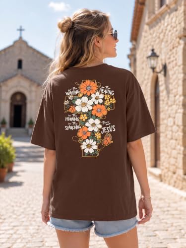 Christian Shirts Women Oversized Jesus God T Shirts Bible Verse Tees Tops - color: A-brown, size: Large