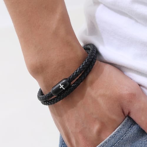 Leather Cross Bracelets for Men : Black Genuine Braided Double Wrap Jesus Cross Braided Leather Bracelets with Stainless Steel Clasp for Men Boyfriend,Christian Jewelry Gifts,8 Inches