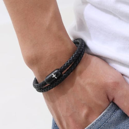 Leather Cross Bracelets for Men : Black Genuine Braided Double Wrap Jesus Cross Braided Leather Bracelets with Stainless Steel Clasp for Men Boyfriend,Christian Jewelry Gifts,8 Inches
