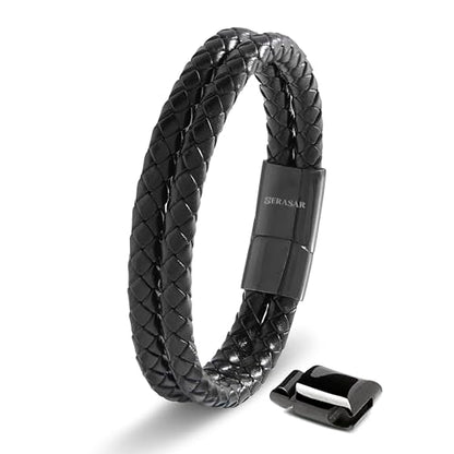 SERASAR Men's Leather Bracelet with Stainless Steel Magnetic Clasp - color: Black, size: 17cm, style: Double