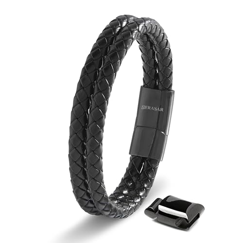 SERASAR Men's Leather Bracelet with Stainless Steel Magnetic Clasp - color: Black, size: 23cm, style: Double