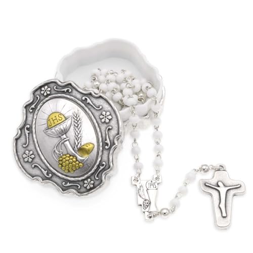 Catholic Rosary Beads with Metal Keepsake Gift Box Set - color: First Communion