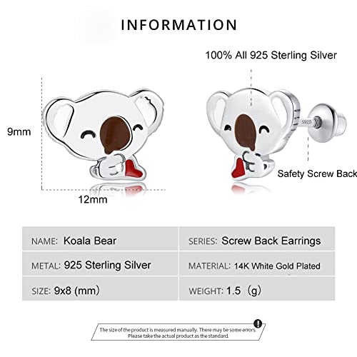 Butterfly Ladybug Unicorn Sloth Flamingo Dog Cat Turtle Angel Koala Daisy Panda Stud Earrings for Girls Women - Sterling Silver Hypoallergenic Animal Earrings with Secure Screw Backs - color: Koala Bear