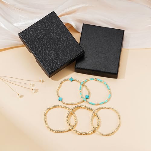 Turandoss 5PCS Gold Beaded Bracelets for Women Teen Girls, 14K Gold Plated - color: 5PCS Turquoise Cross Beaded Bracelets