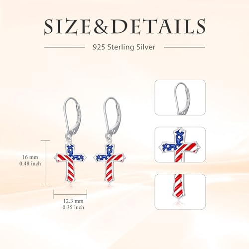 HPQQ Earrings for Women Sterling Silver Dangle Earrings Birthday Christmas Jewelry Gifts for Women Wife Mom - color: White Gold-Cross American Flag