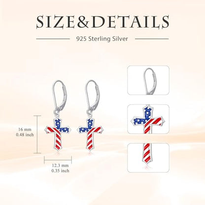 HPQQ Earrings for Women Sterling Silver Dangle Earrings Birthday Christmas Jewelry Gifts for Women Wife Mom - color: White Gold-Cross American Flag