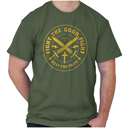Keep The Faith Christian Graphic T Shirt | Religious Men’s Bible Verse Scripture Tee with Cross and Swords - color: Military Green, size: XX-Large