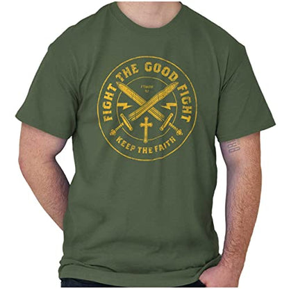 Keep The Faith Christian Graphic T Shirt | Religious Men’s Bible Verse Scripture Tee with Cross and Swords - color: Military Green, size: XX-Large