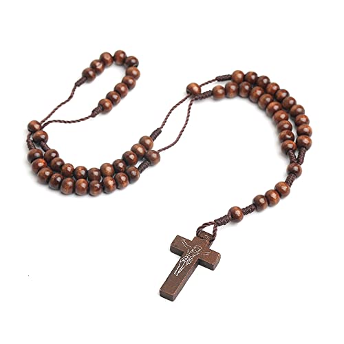 COLORFUL BLING Classic Natural Wood Beads Cross Pendant Necklace for Men Women Religious Rosary Jewelry Handmade Prayer Accessories - color: S5 brown polish