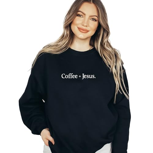 Verita Culture Coffee And Jesus Christian Sweatshirt Women Fall Long Sleeve Graphic Shirts Cozy Weather Lover Pullover Tops - color: Black, size: 3X-Large
