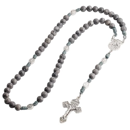 HanlinCC Stone Beads St.Michael Paracord Catholic Rosary with Bag for Men - style: Map Stone