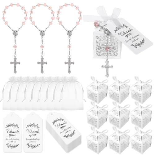 100 Pcs Pink Rosarios Catolicos Boxes Bags and Tags for Baptism Favors - color: Pink