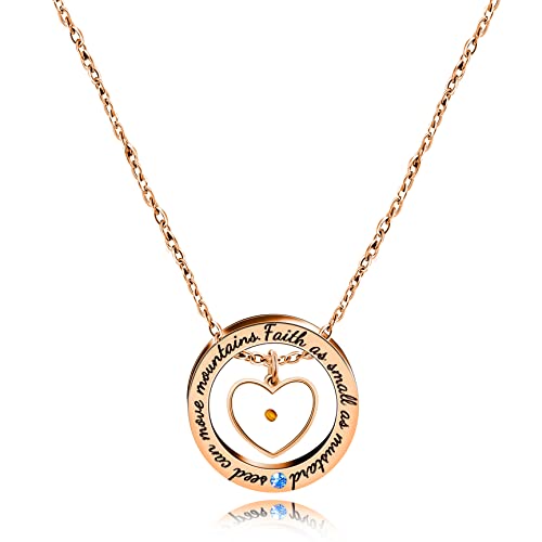 Uloveido Christian Circle Round Ring Necklace Engraved Faith As Small As A Mustard Seed Can Move Mountains Y958 - style: Blue CZ-heart-rose gold