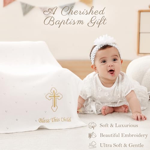 Cotton Knit Baptism Christening Blanket, Bless This Child, 40"x31" - color: Bapatism Pointelle Blanket