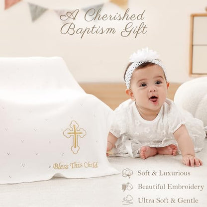 Cotton Knit Baptism Christening Blanket, Bless This Child, 40"x31" - color: Bapatism Pointelle Blanket