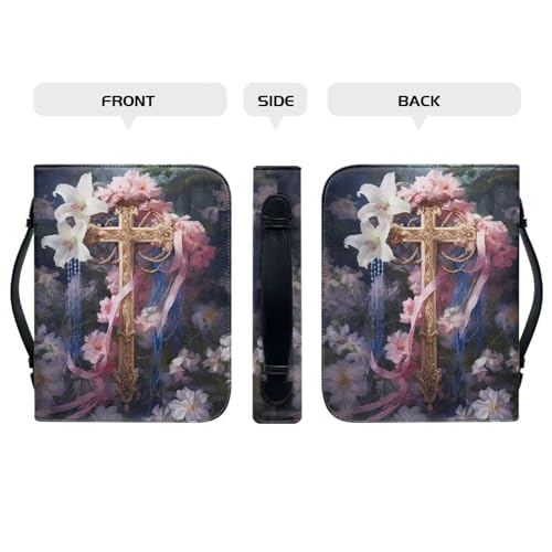 Cross Flower Bible Covers for Women Large Size PU Leather Bible Carrying Case Multi-Purpose Bible Tote Bag with Handle Easy to Store - color: Cross Flower, size: 2XL