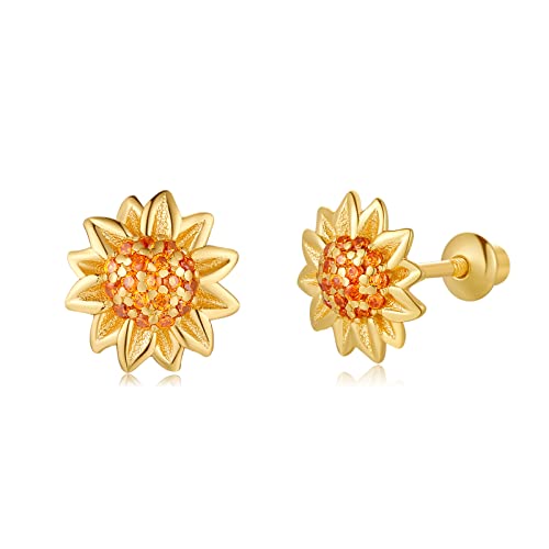 Butterfly Ladybug Unicorn Sloth Flamingo Dog Cat Turtle Angel Koala Daisy Panda Stud Earrings for Girls Women - Sterling Silver Hypoallergenic Animal Earrings with Secure Screw Backs - color: Sunflower