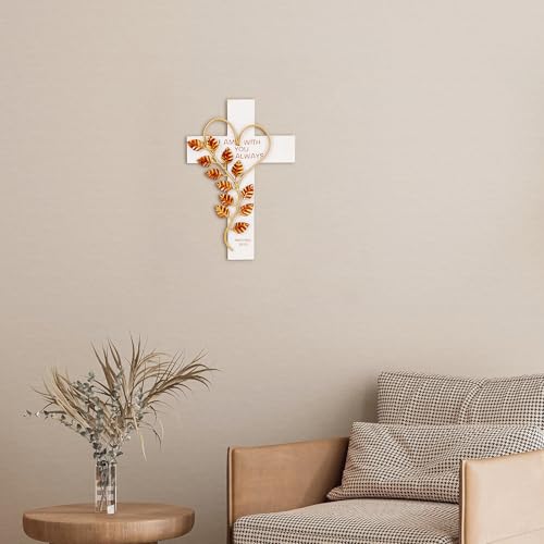 Wooden Cross Wall White With Solid Wood Iron Copper Gole Leaf Heart Shaped - color: White