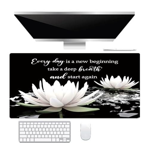LB Black and White Floral Mouse Pad Plant Flower with Inspirational Quotes Large Mouse Pad for Desk Modern Aesthetic Desk Pad for Office and Home Non-Slip Rubber Base Mouse Mat 15.75L X 31.5W Inch - color: Black